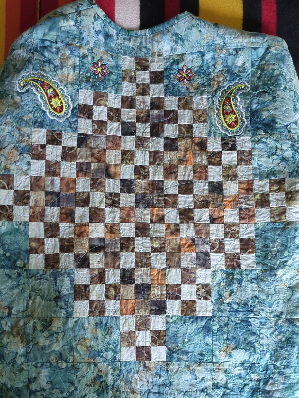 Embroidered Patchwork Quilted Jacket in Blue and Brown - Picture 5 of 5